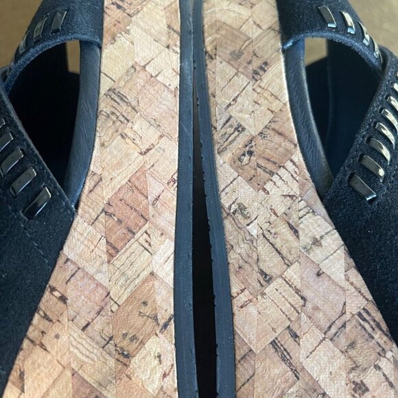 Donald J Pliner Savee Whipstitch Cork Wedge Sandal 9.5M Black Suede Y2K Chunky - Picture 8 of 11